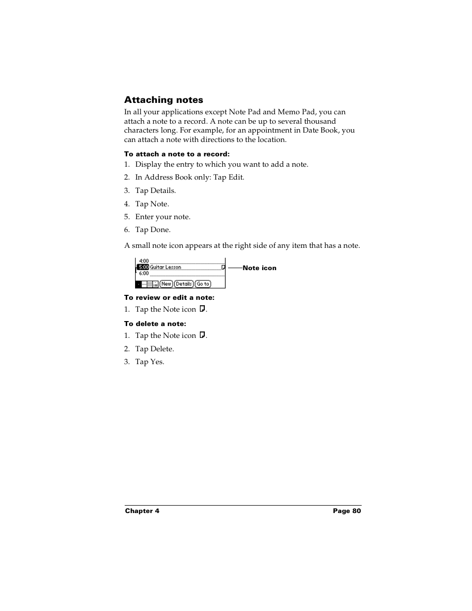 Attaching notes, To attach a note to a record, To review or edit a note | To delete a note, Entering a user name | Palm m100 User Manual | Page 86 / 212