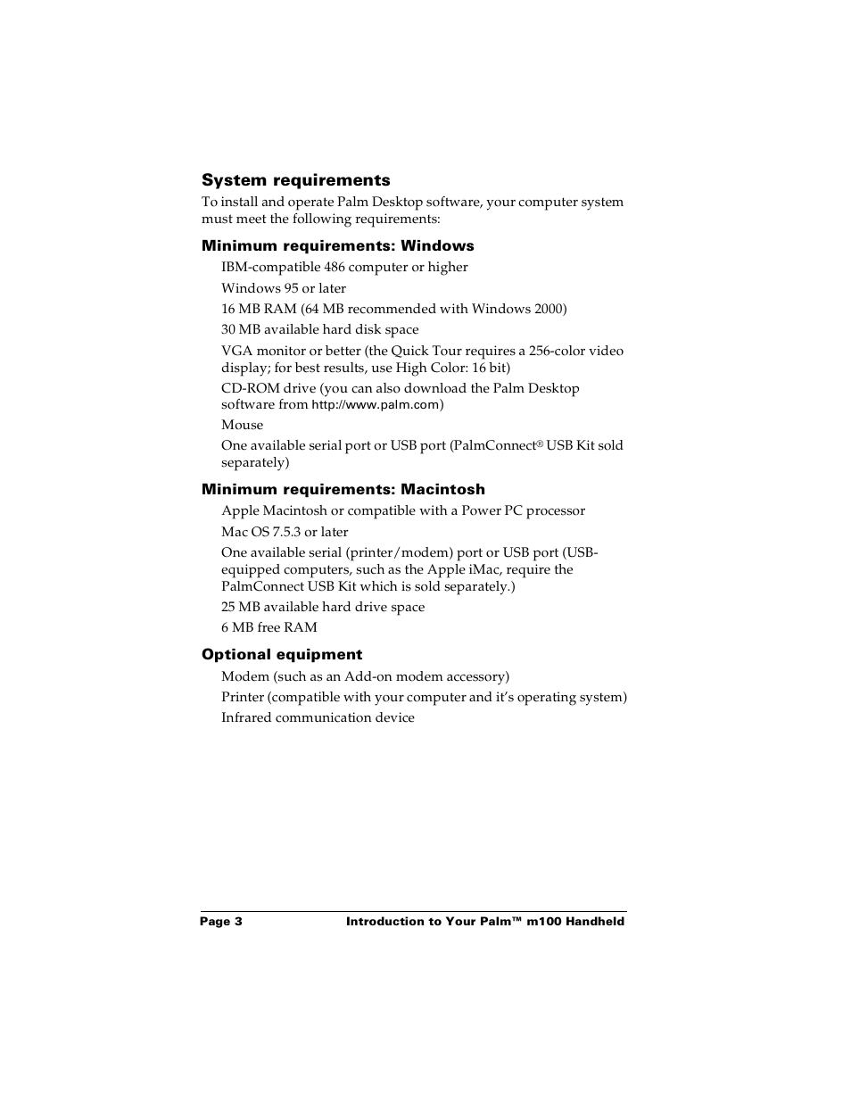 System requirements, Minimum requirements: windows, Minimum requirements: macintosh | Optional equipment | Palm m100 User Manual | Page 9 / 212