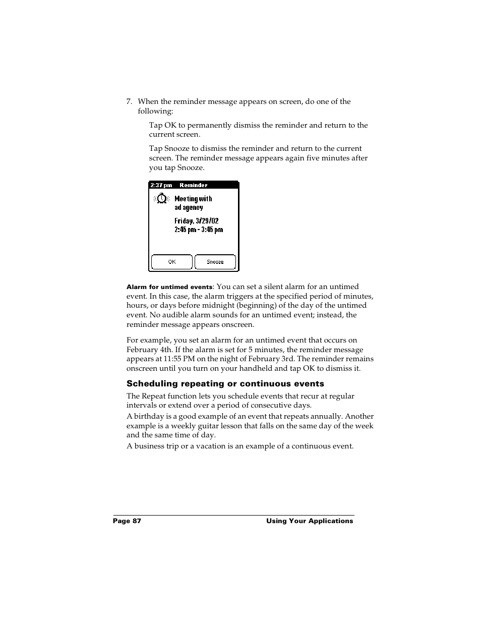 Scheduling repeating or continuous events | Palm m100 User Manual | Page 93 / 212