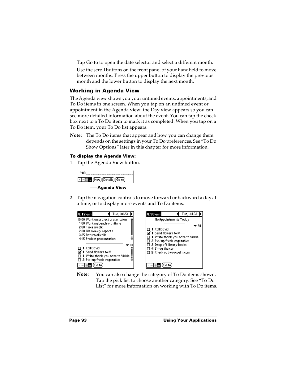 Working in agenda view, To display the agenda view | Palm m100 User Manual | Page 99 / 212