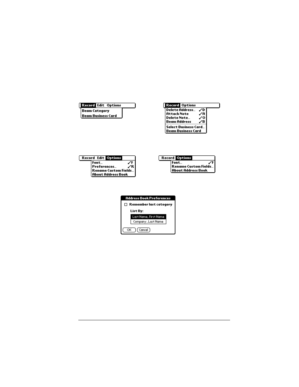 Record menus, Options menus | Palm VII User Manual | Page 107 / 302