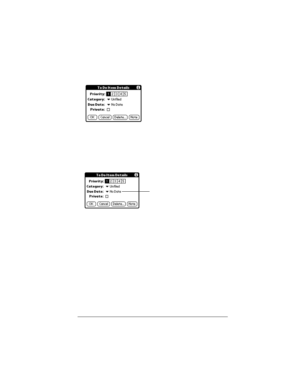 To display the to do item details dialog box, Setting a due date, To set a due date for a to do list item | Palm VII User Manual | Page 111 / 302