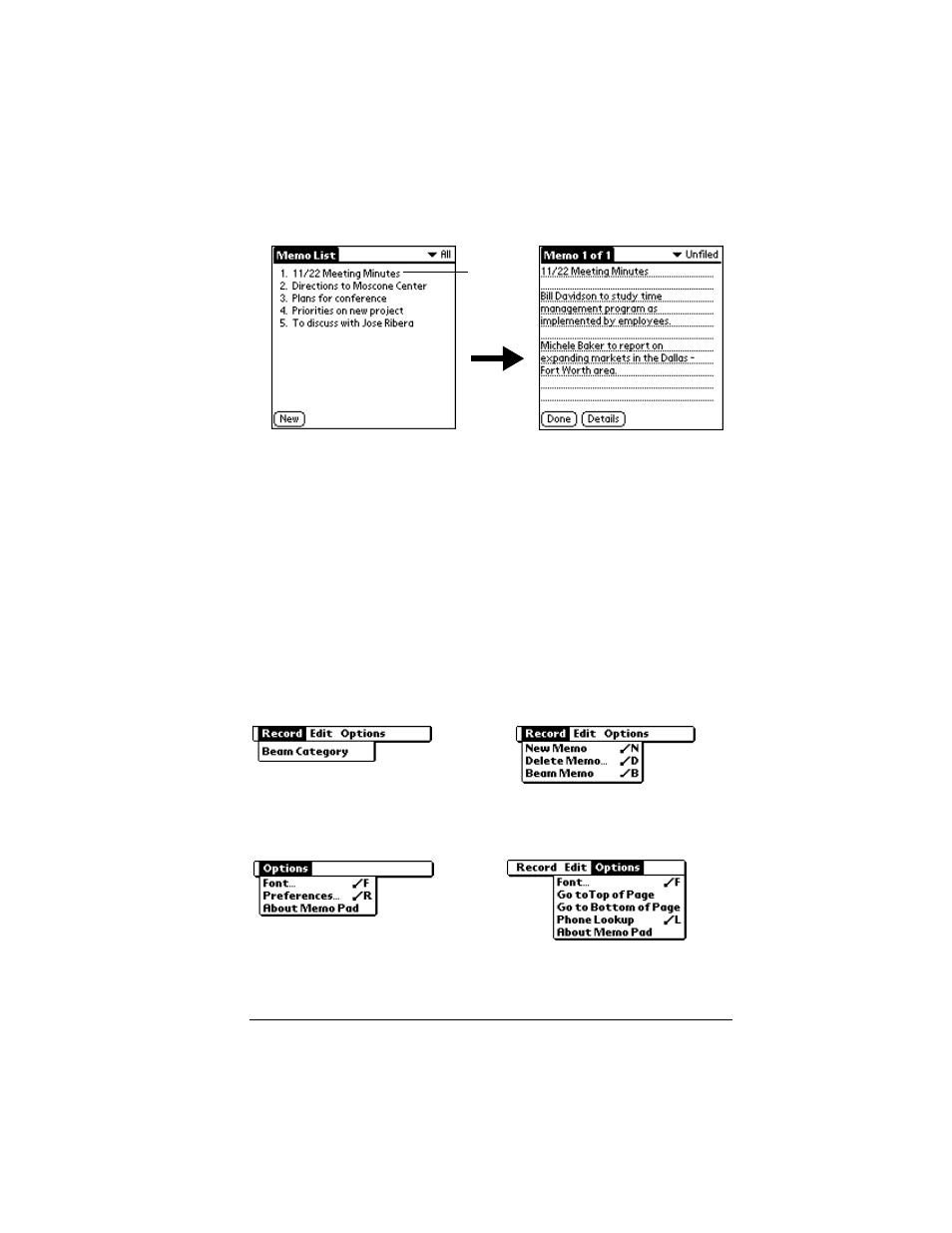 To review a memo, Memo pad menus, Record menus | Options menus | Palm VII User Manual | Page 115 / 302