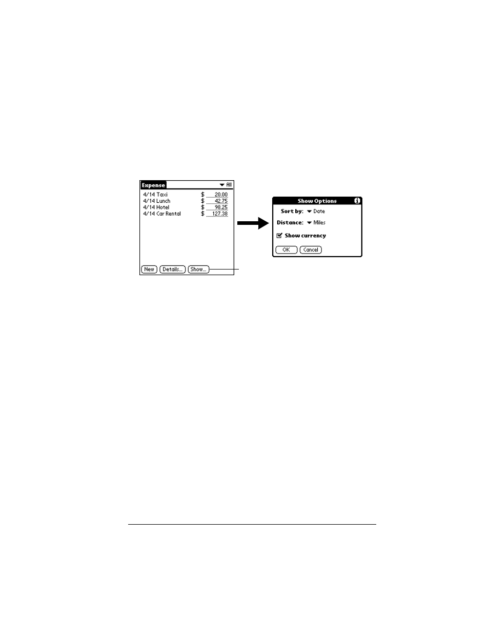 Show options, To open the show options dialog box, Transferring your data to microsoft excel | Creating or printing an expense report | Palm VII User Manual | Page 123 / 302