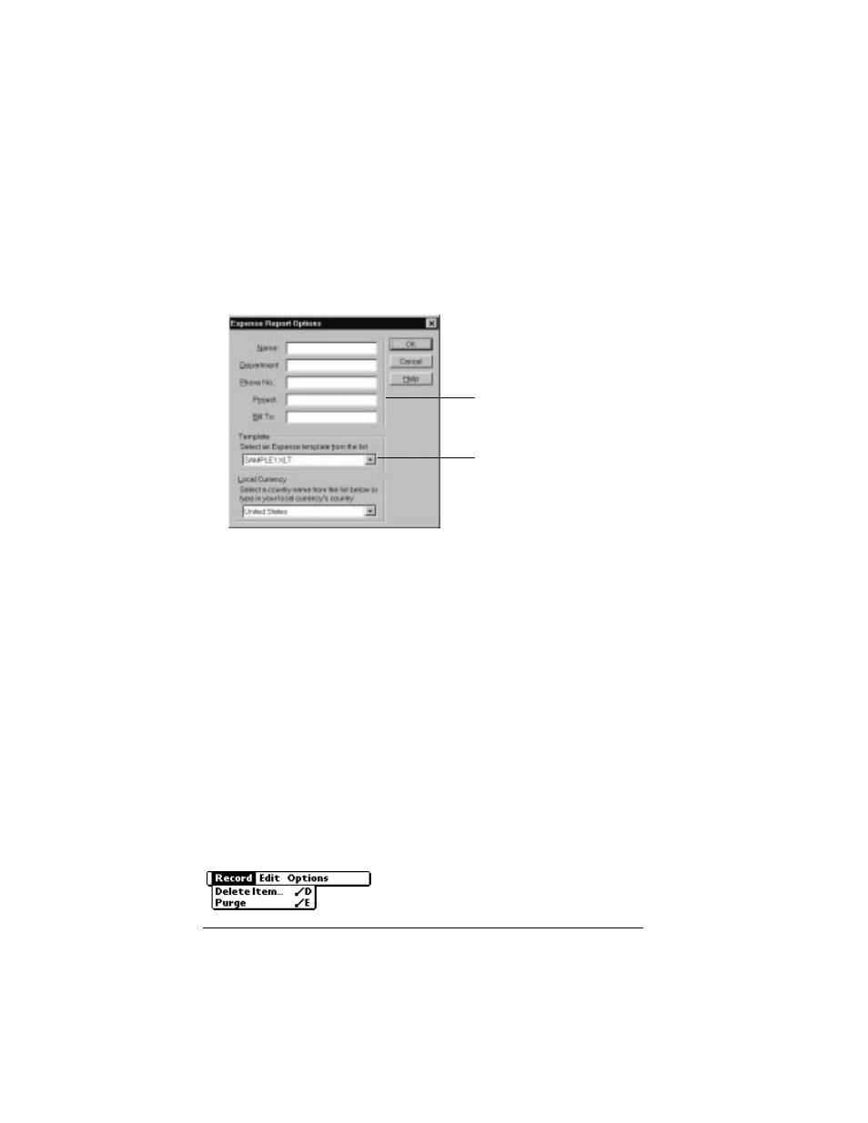 Expense menus, Record menu | Palm VII User Manual | Page 126 / 302