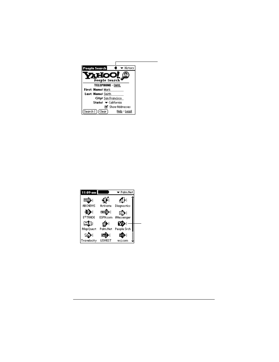 Example of web clipping, To find a phone number and an address | Palm VII User Manual | Page 141 / 302