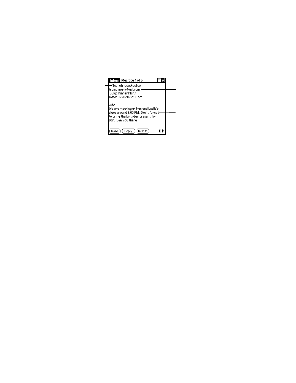 To open an e-mail item, To close an e-mail item, Displaying full header information | To display full header information, Creating e-mail items | Palm VII User Manual | Page 175 / 302