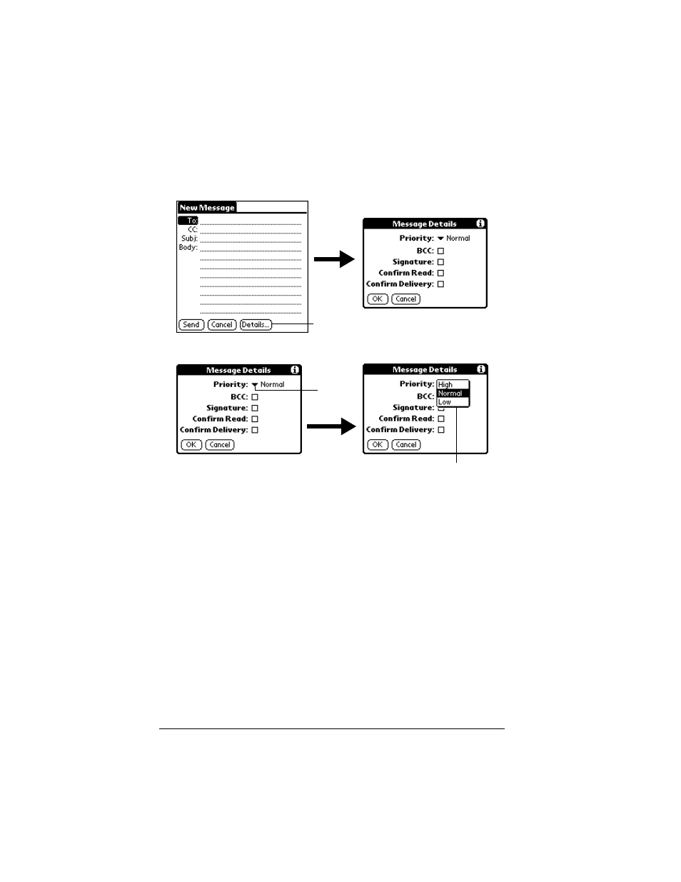 Setting a priority, To set a priority for your e-mail item, Sending a blind carbon copy | To add a bcc field to your e-mail item | Palm VII User Manual | Page 180 / 302