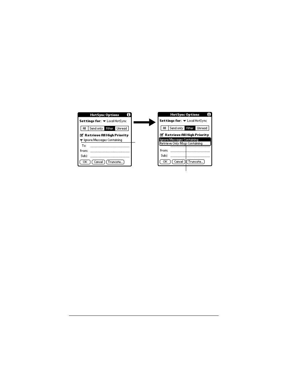 Ignoring or receiving e-mail, To define whether to ignore or receive e-mail, Defining filter strings | Palm VII User Manual | Page 190 / 302