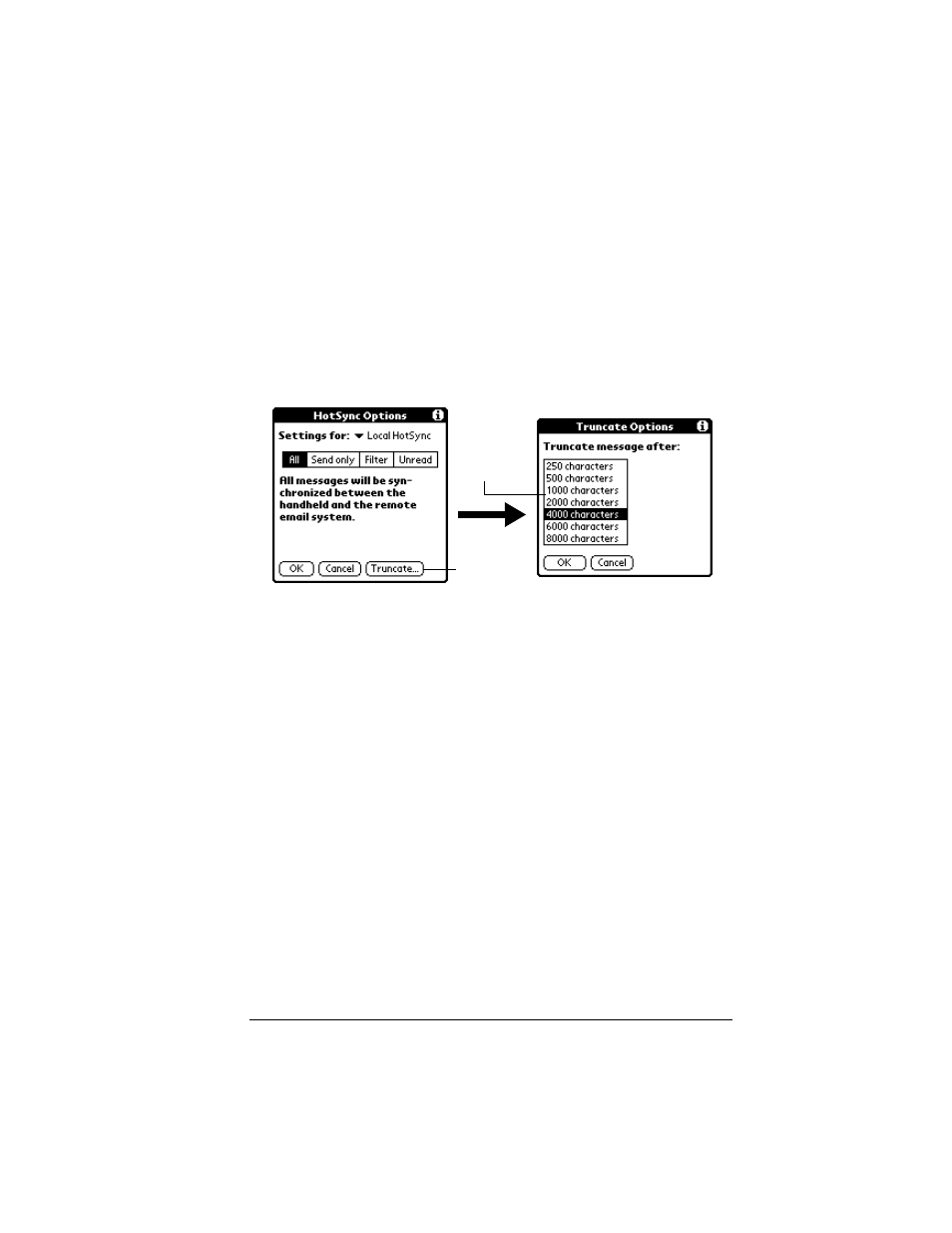 Truncating e-mail items, To truncate e-mail items, Mail menus | Palm VII User Manual | Page 193 / 302