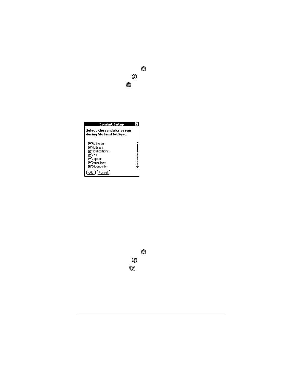 Performing a hotsync operation via a modem, To perform a modem hotsync operation | Palm VII User Manual | Page 205 / 302