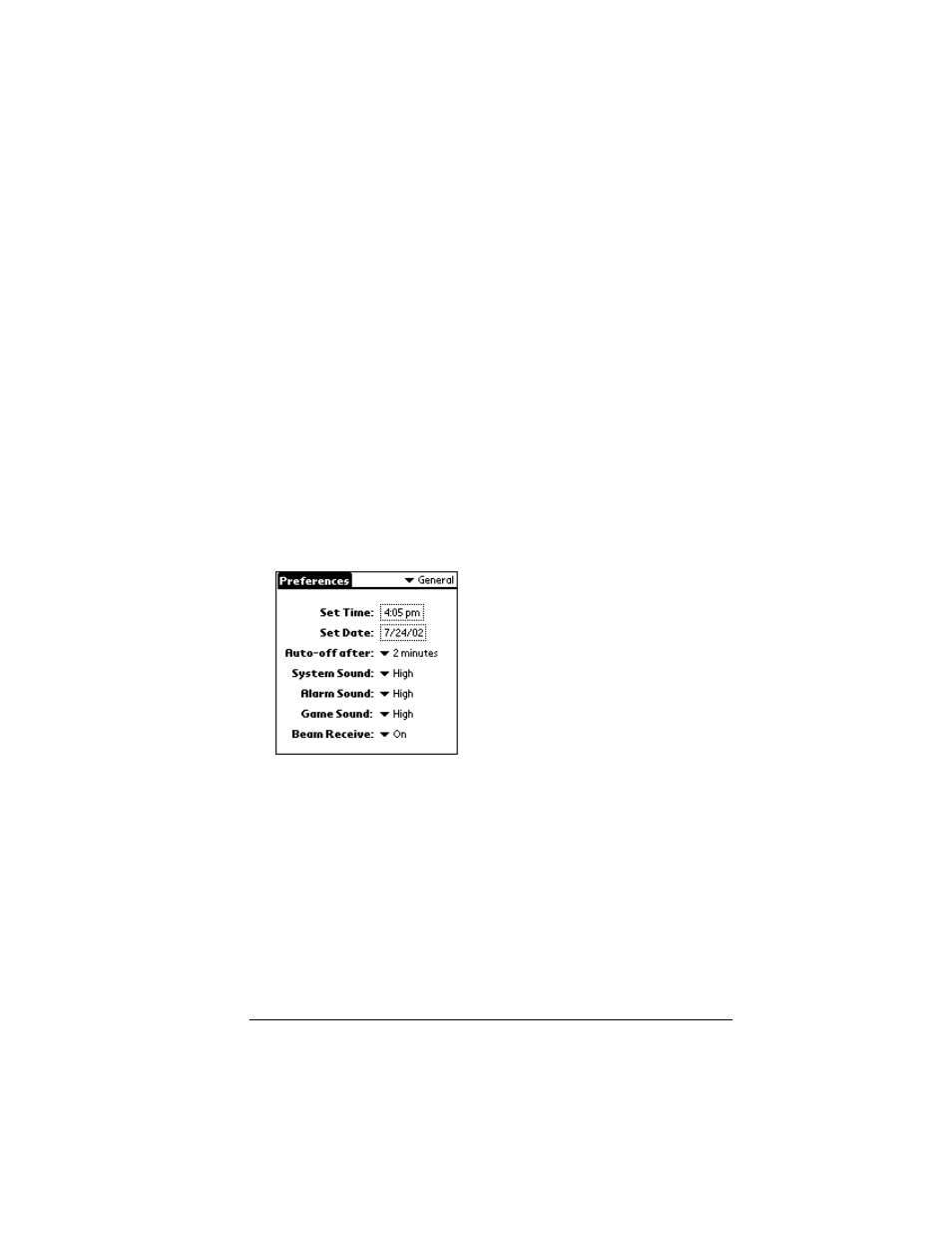 General preferences, Auto-off delay, To set the auto-off delay | System, alarm, and game sounds, To set the system and alarm sounds | Palm VII User Manual | Page 217 / 302