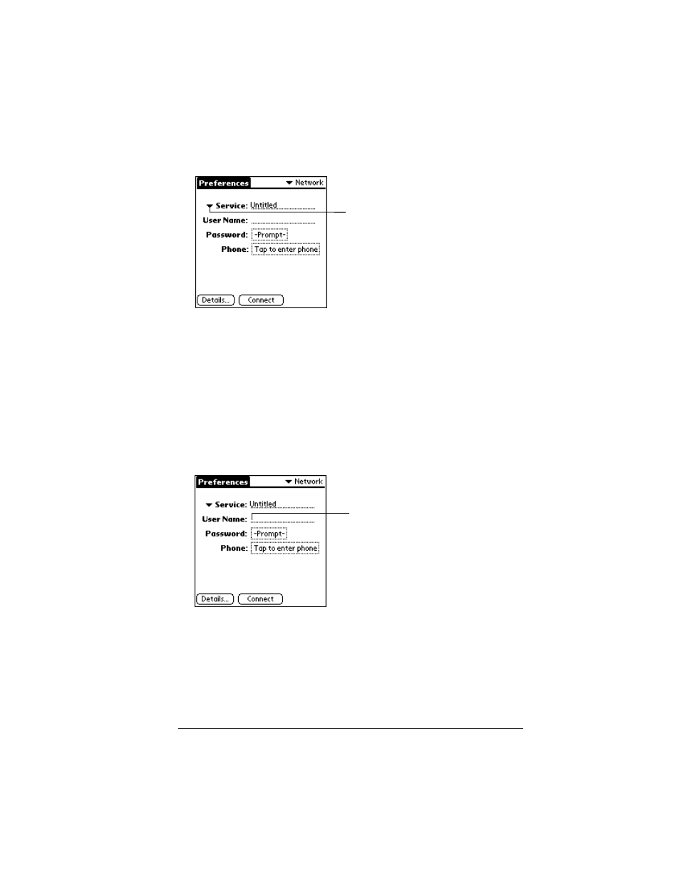 To select a service, Entering a user name, To enter a user name | Entering a password | Palm VII User Manual | Page 221 / 302