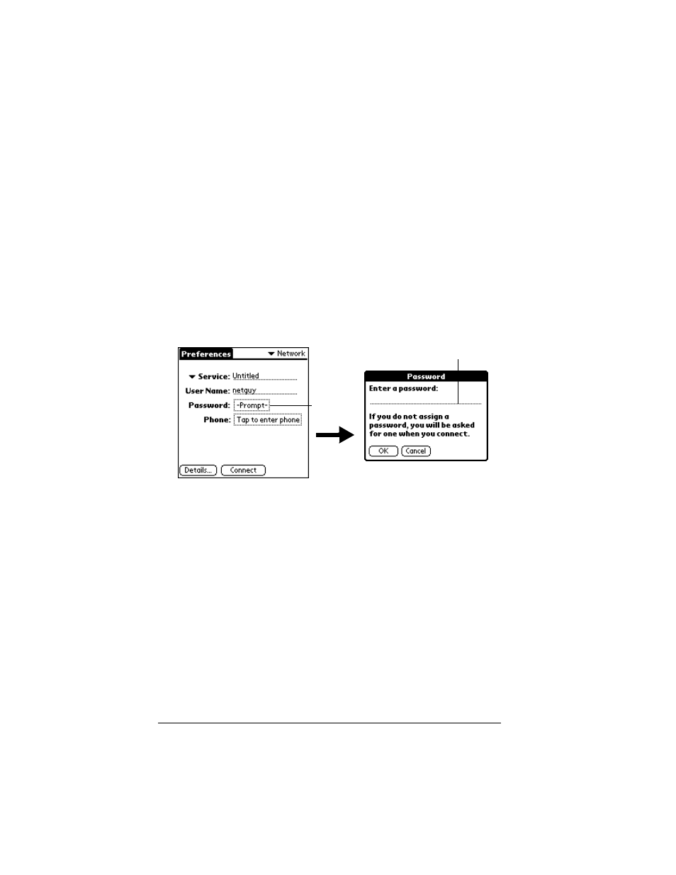 To enter a password, Adding telephone settings | Palm VII User Manual | Page 222 / 302