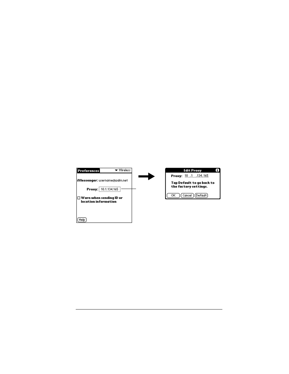 Wireless preferences, Proxy, To change the ip address of your proxy server | Palm VII User Manual | Page 235 / 302