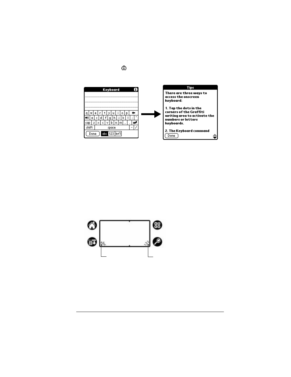 To display an online tip, Three ways to enter data, Onscreen keyboard | Palm VII User Manual | Page 33 / 302