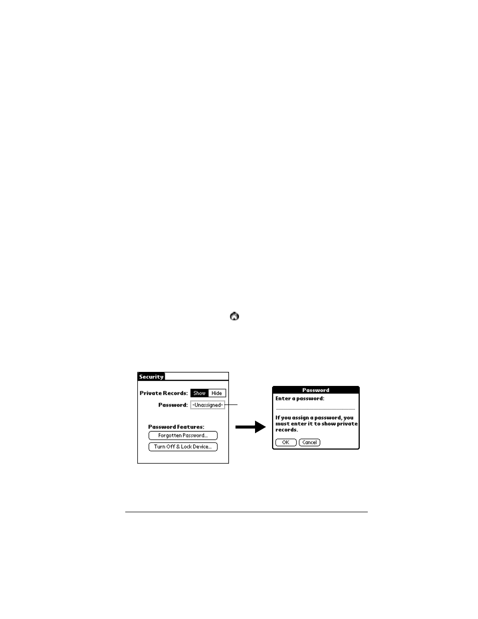 Security, In security, you can do the following, Assigning a password | To assign a password | Palm VII User Manual | Page 61 / 302