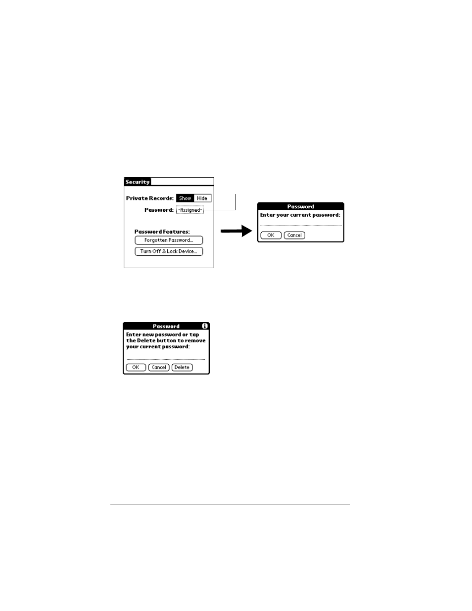 Changing or deleting a password, To change or delete your password, Locking your organizer | Palm VII User Manual | Page 62 / 302