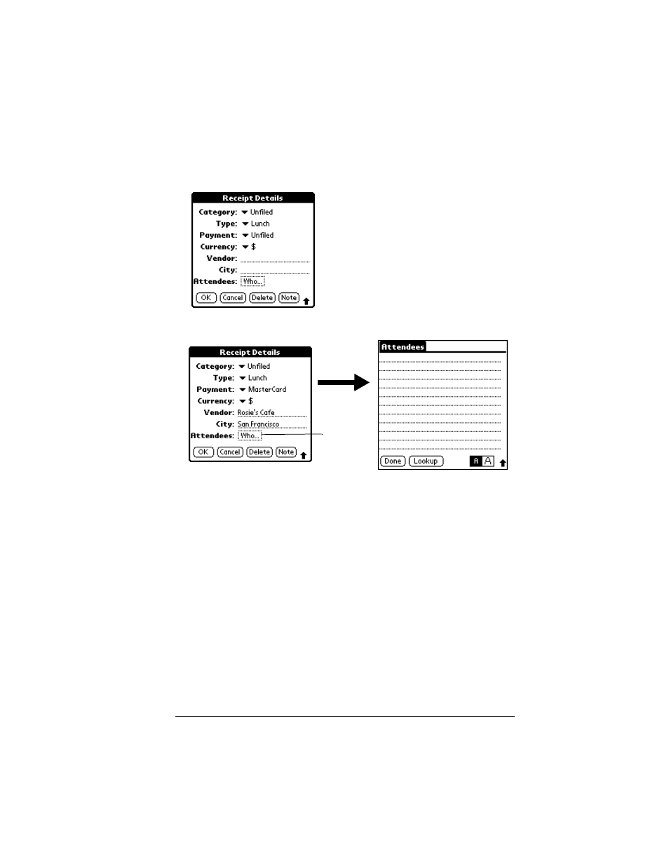 To add names to an expense record, Sorting lists of records | Palm VII User Manual | Page 85 / 302