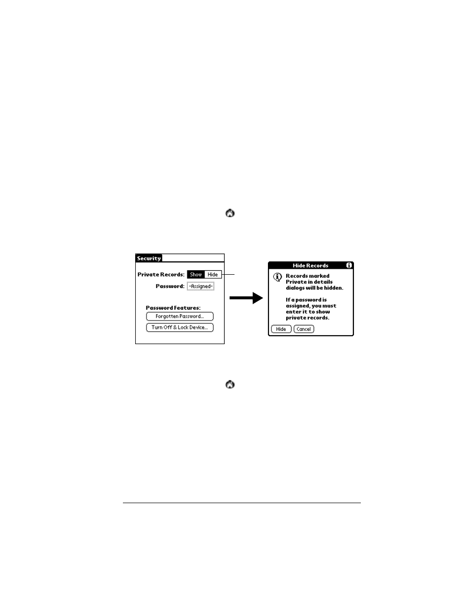 Making records private, Hiding private records, To hide private records | To display private records | Palm VII User Manual | Page 87 / 302