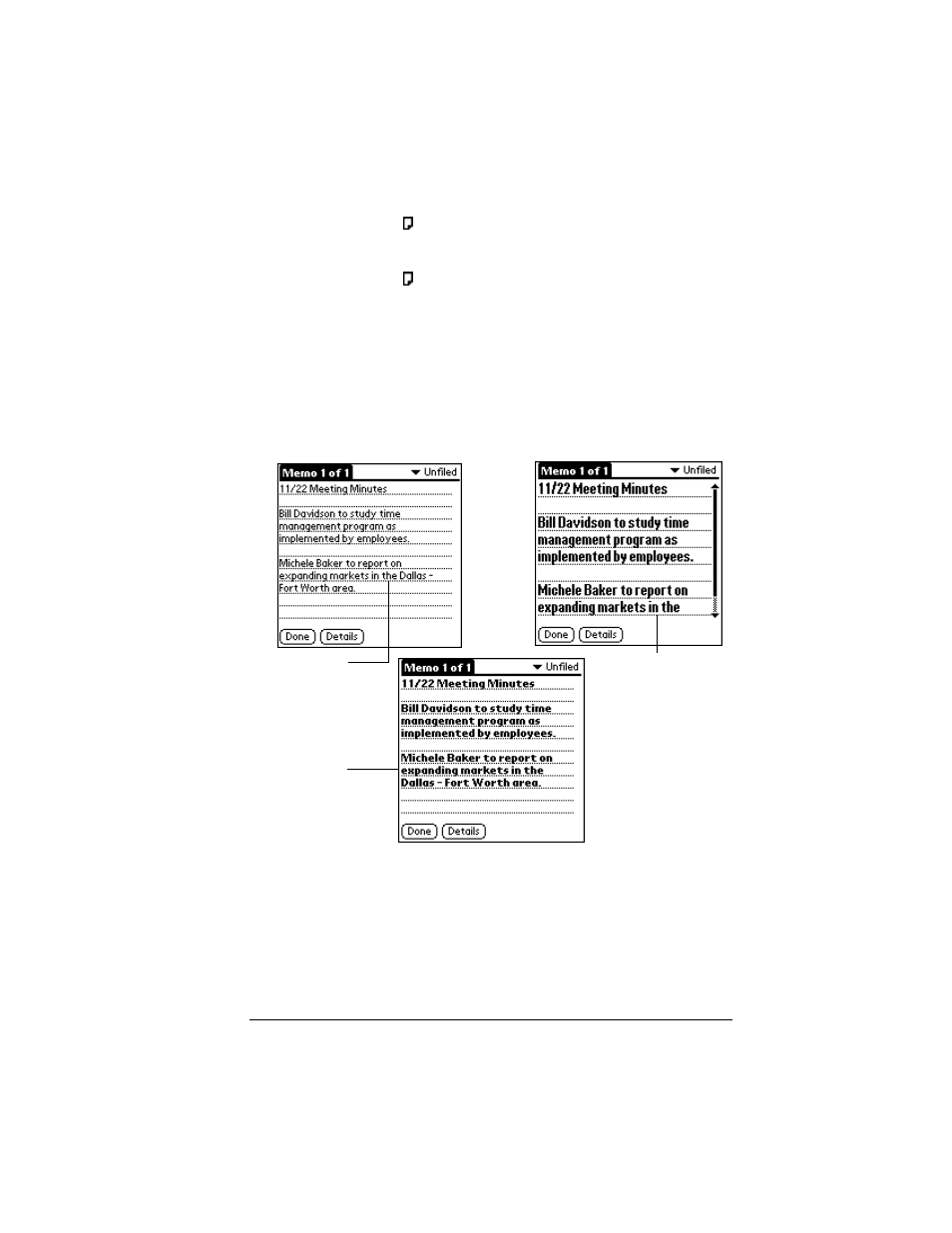 To review or edit a note, To delete a note, Choosing fonts | Palm VII User Manual | Page 89 / 302