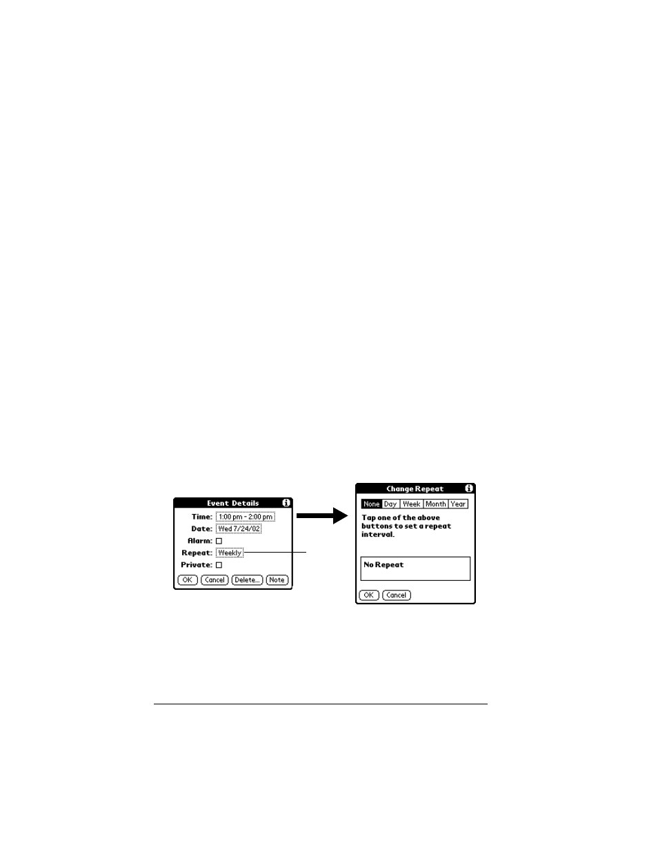 Scheduling repeating or continuous events, To schedule a repeating or continuous event | Palm VII User Manual | Page 96 / 302