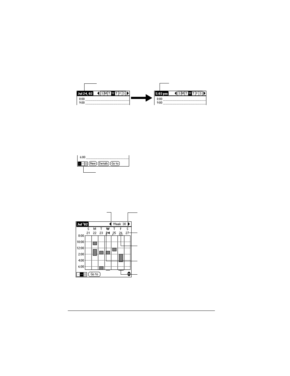 To display the current time, To display the week view | Palm VII User Manual | Page 98 / 302