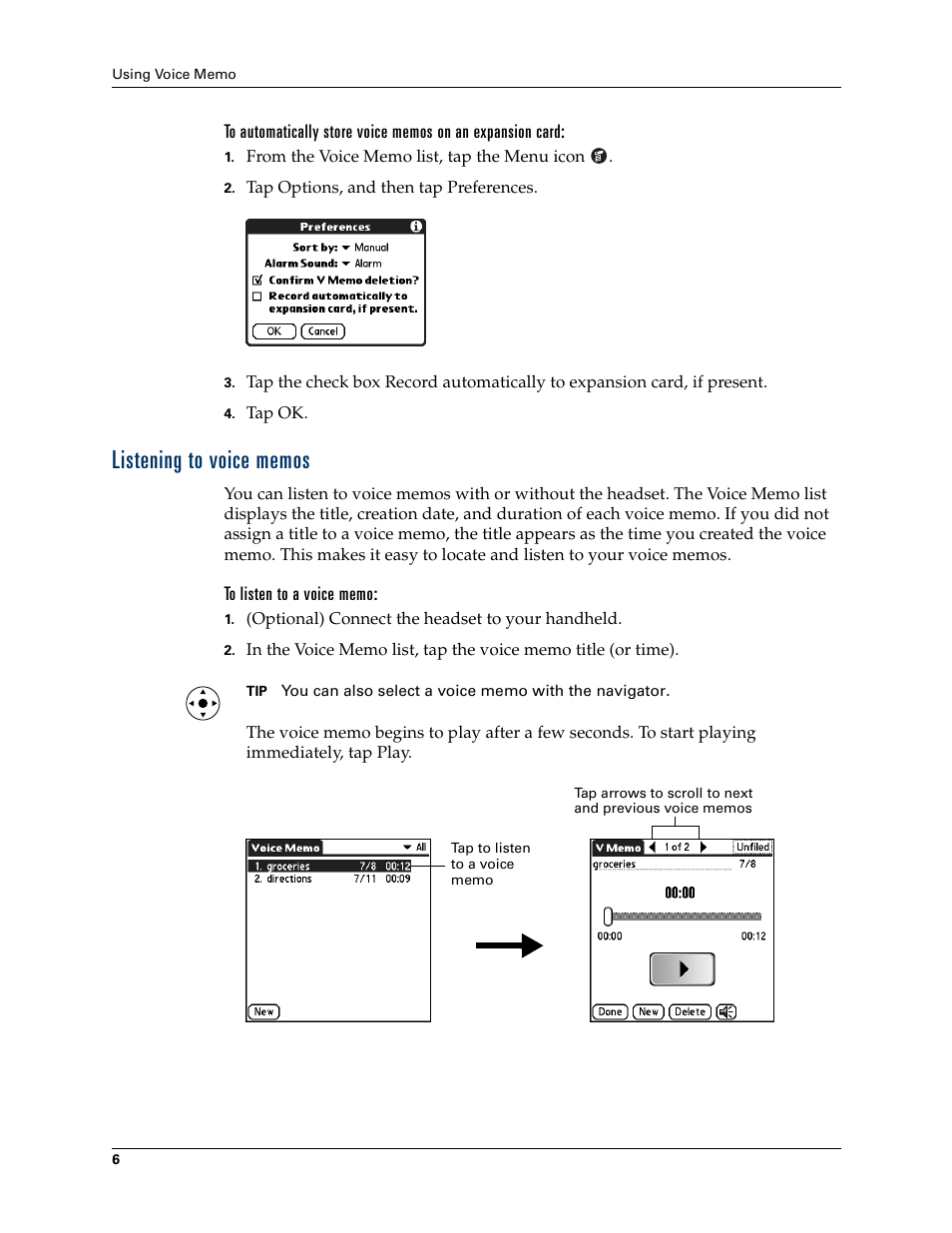 Listening to voice memos | Palm Voice Memo Handbook User Manual | Page 10 / 14