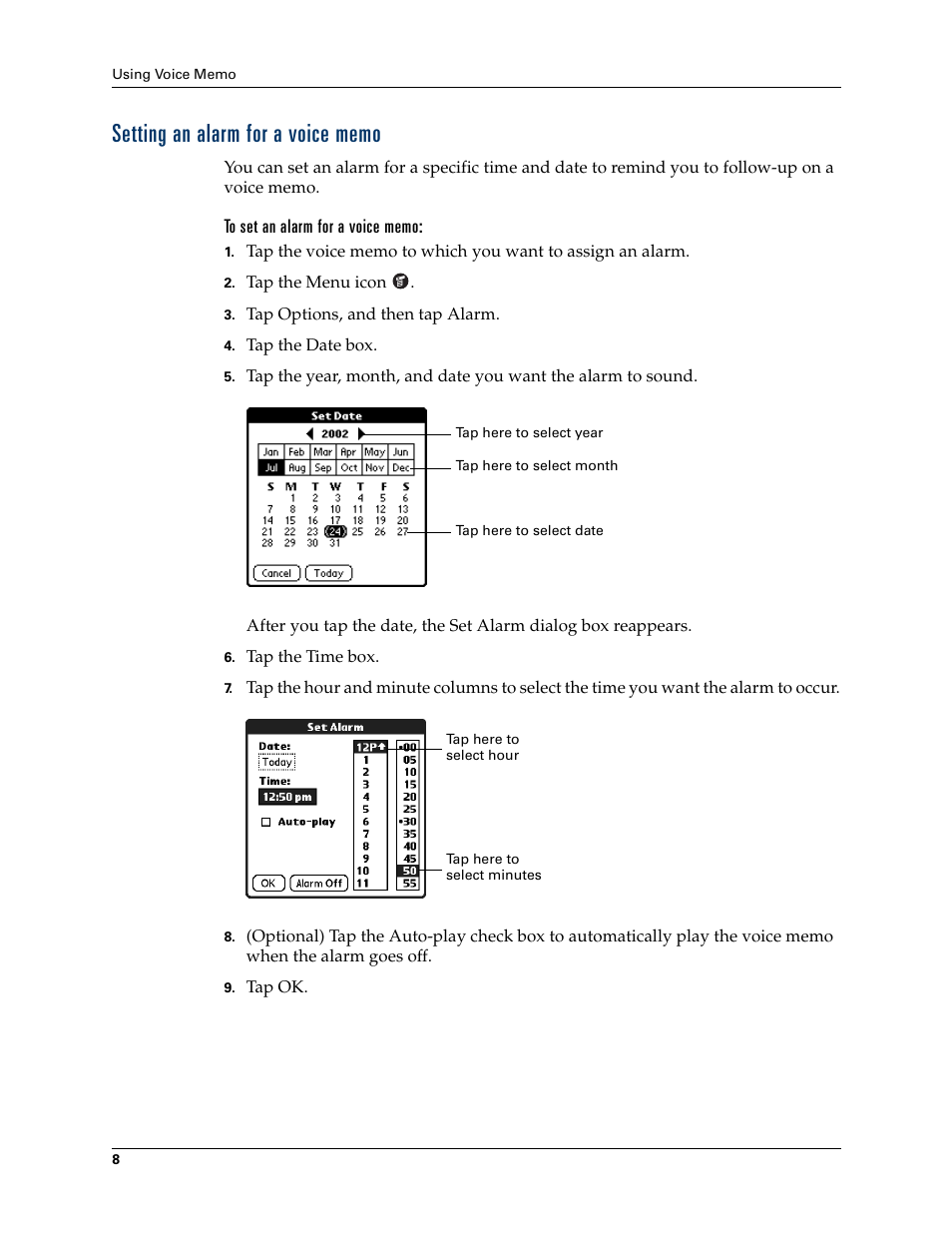 Setting an alarm for a voice memo | Palm Voice Memo Handbook User Manual | Page 12 / 14