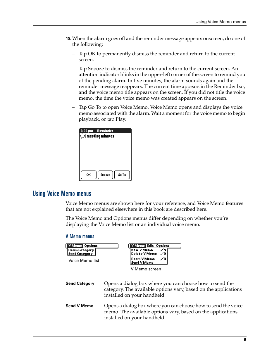 Using voice memo menus, V memo menus | Palm Voice Memo Handbook User Manual | Page 13 / 14