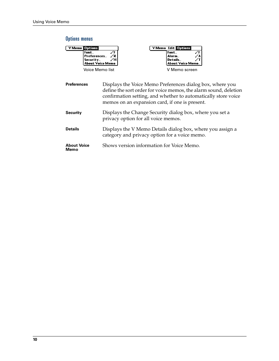 Options menus | Palm Voice Memo Handbook User Manual | Page 14 / 14