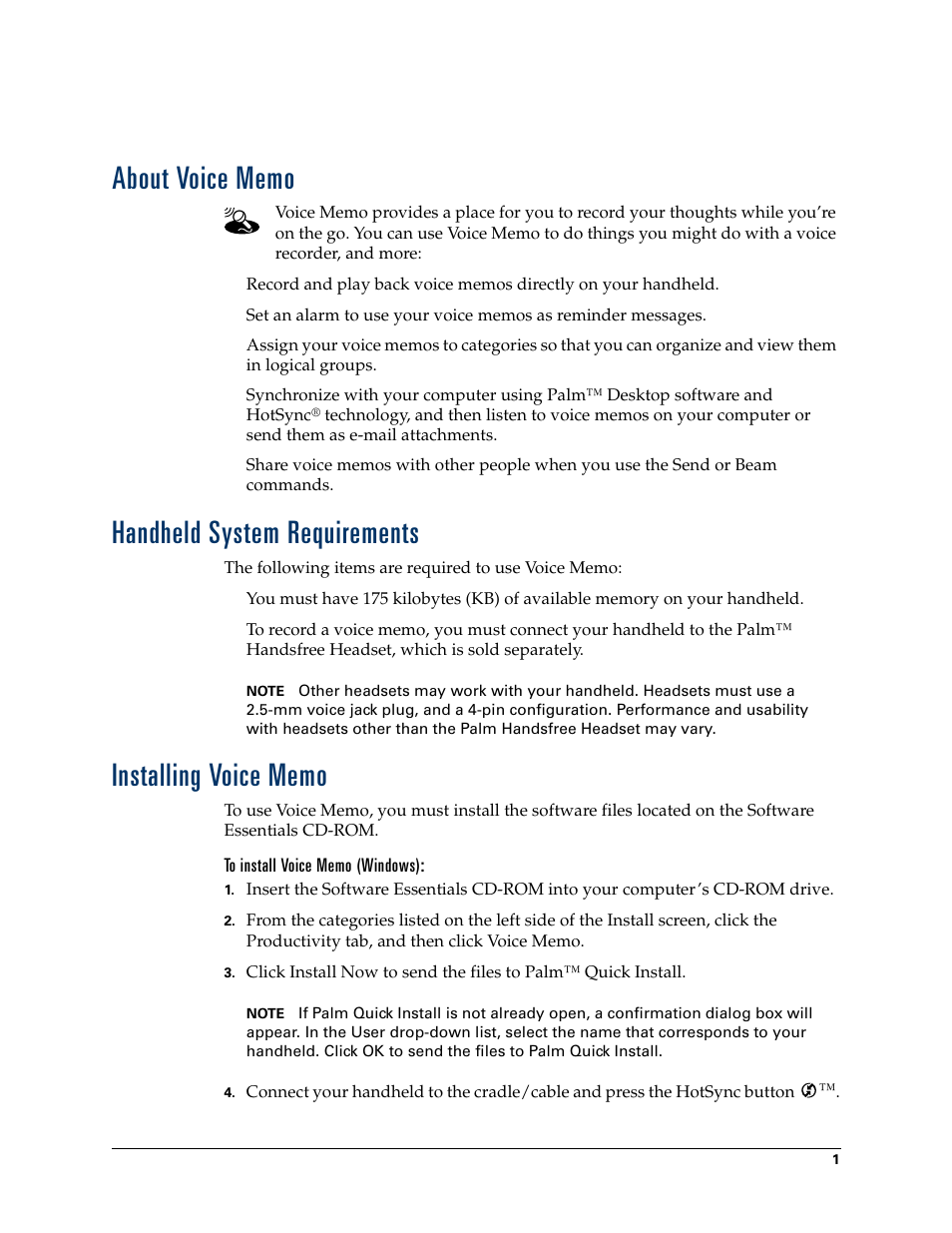 About voice memo, Handheld system requirements, Installing voice memo | Palm Voice Memo Handbook User Manual | Page 5 / 14