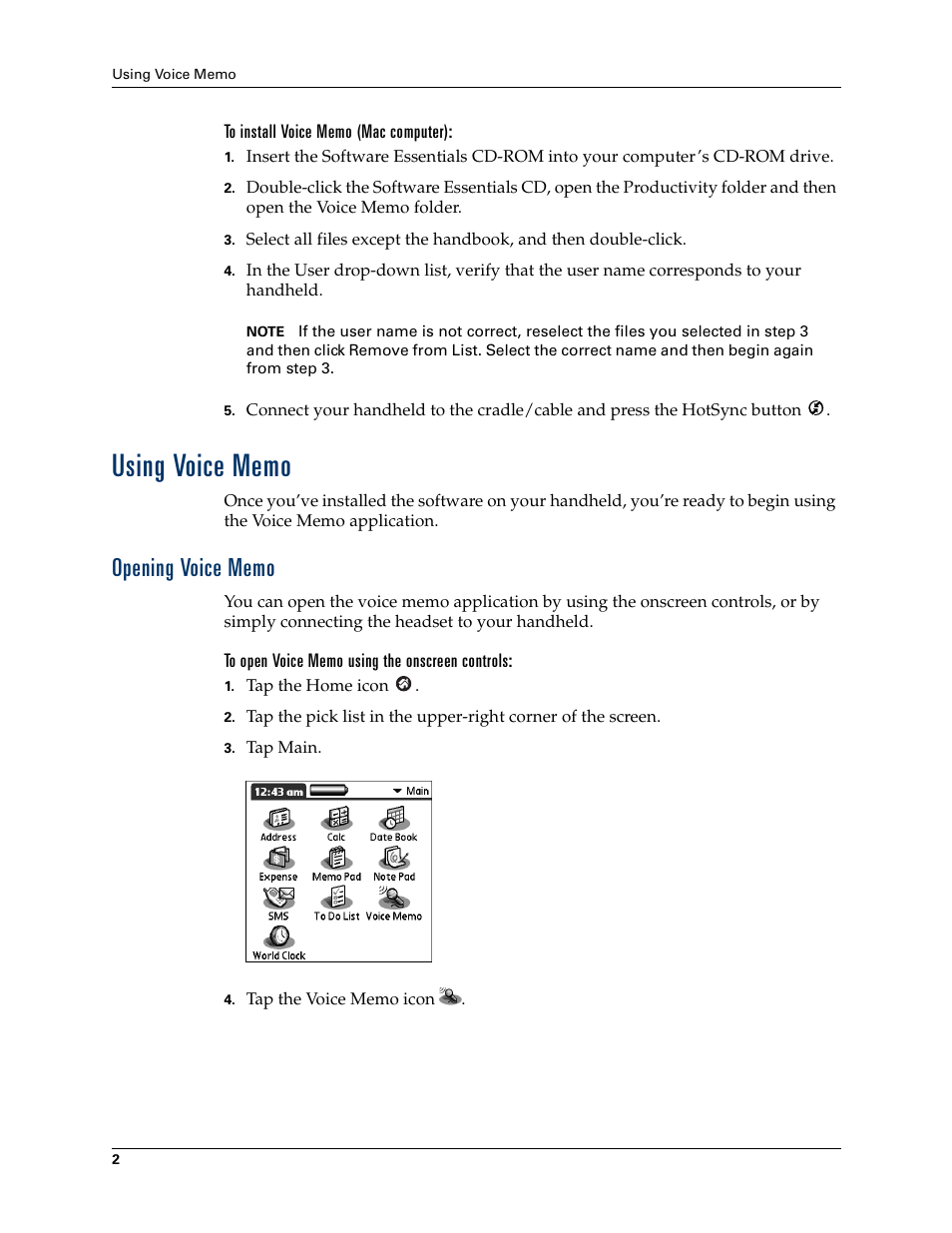 Using voice memo, Opening voice memo | Palm Voice Memo Handbook User Manual | Page 6 / 14