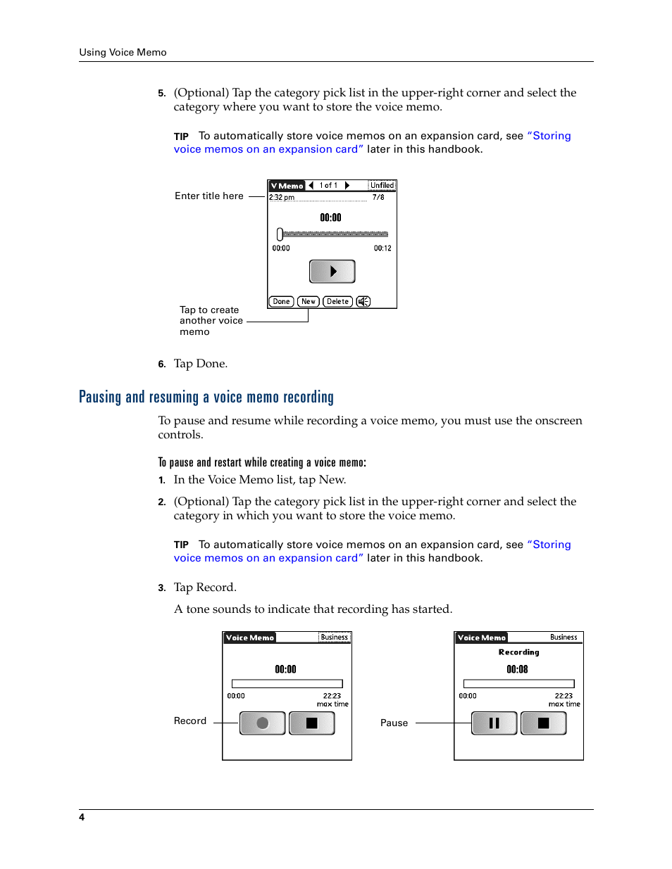 Pausing and resuming a voice memo recording | Palm Voice Memo Handbook User Manual | Page 8 / 14