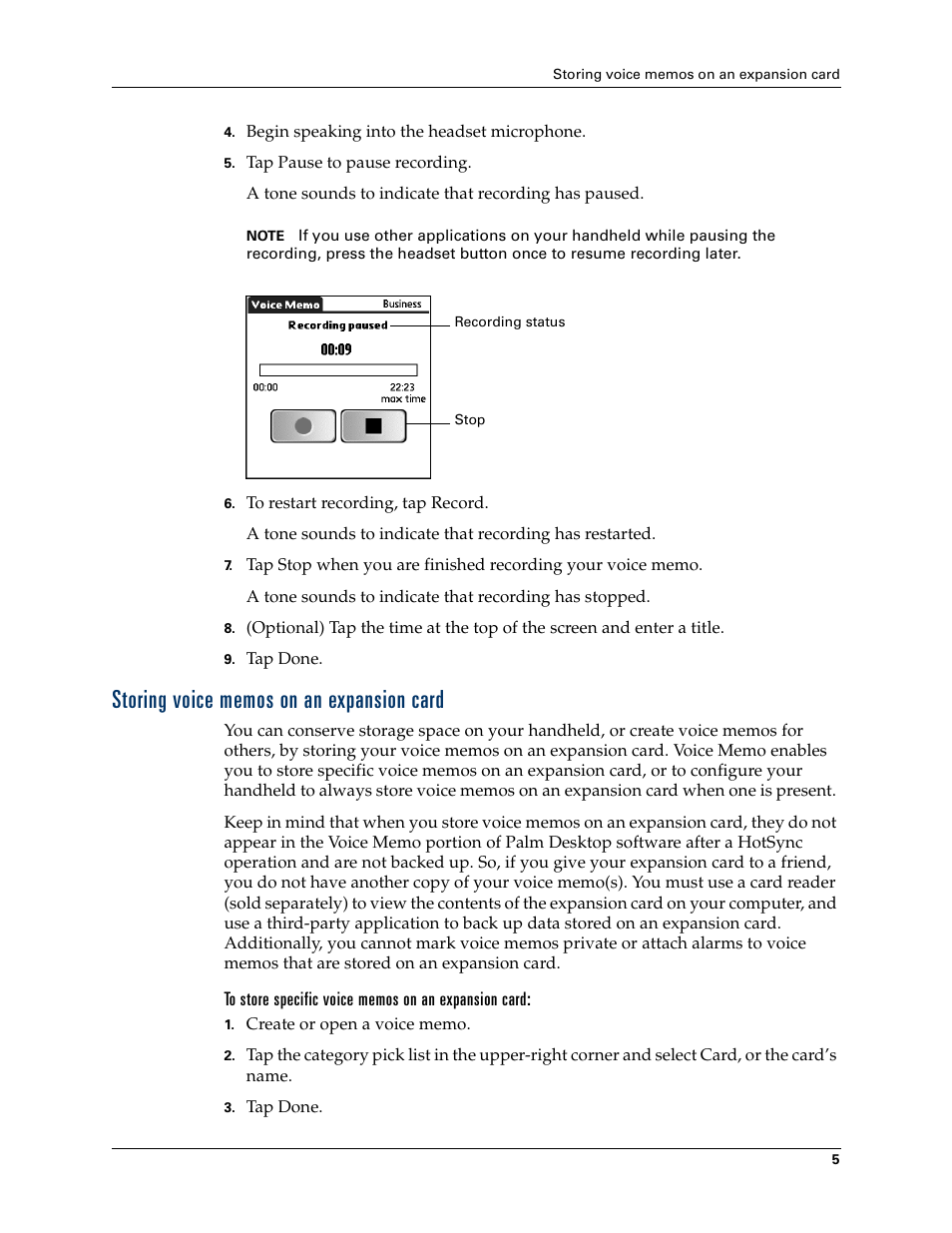 Storing voice memos on an expansion card, Storing, Voice memos on an expansion card | Palm Voice Memo Handbook User Manual | Page 9 / 14