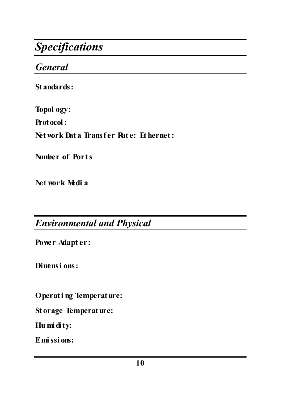 Specifications, General, Environmental and physical | Palm ETHERNET HUB User Manual | Page 13 / 13