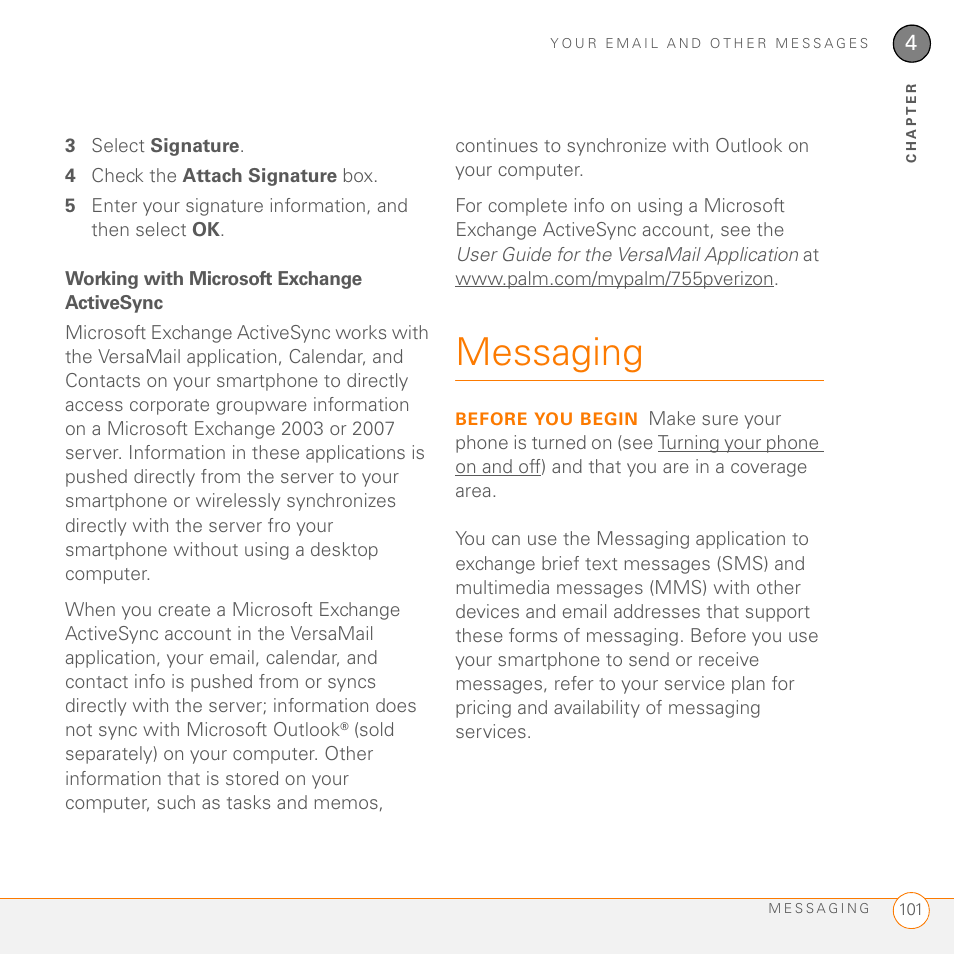 Working with microsoft exchange activesync, Messaging | Palm 755P User Manual | Page 101 / 304