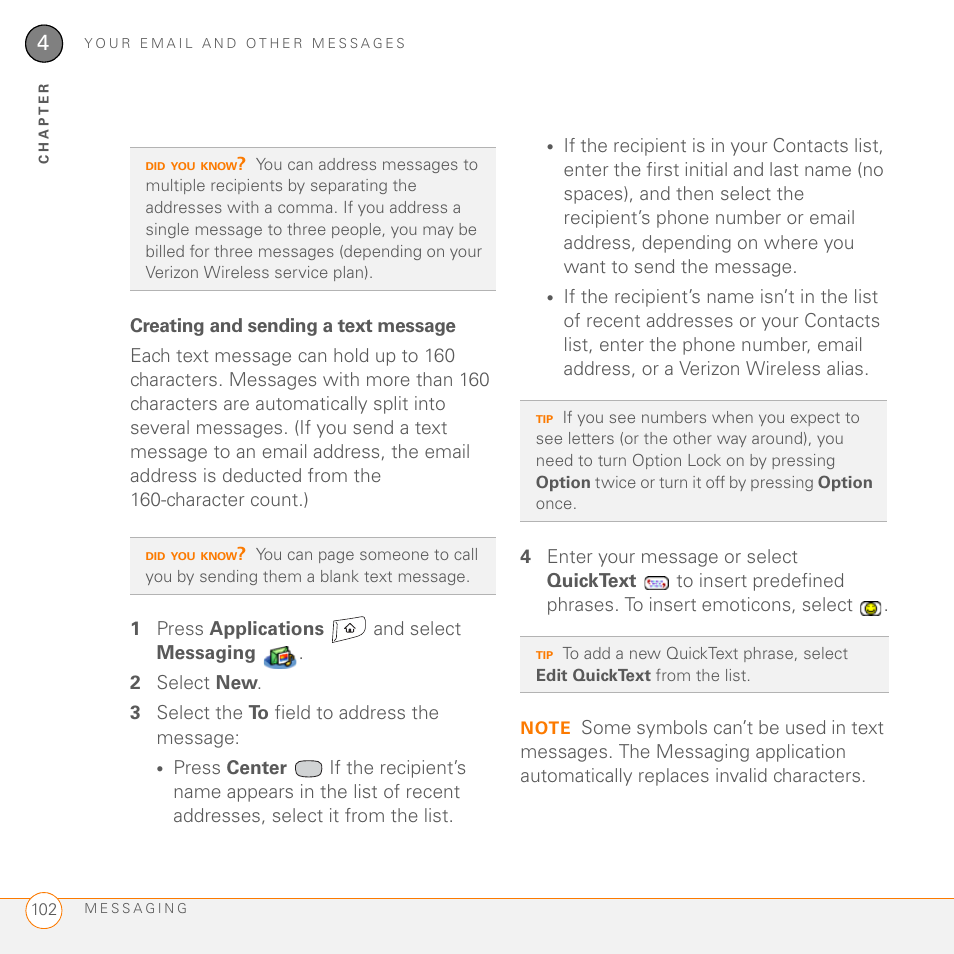 Creating and sending a text message | Palm 755P User Manual | Page 102 / 304