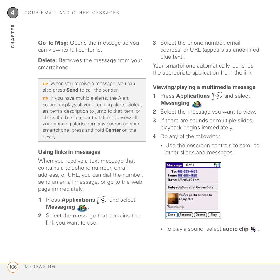 Using links in messages, Viewing/playing a multimedia message | Palm 755P User Manual | Page 106 / 304