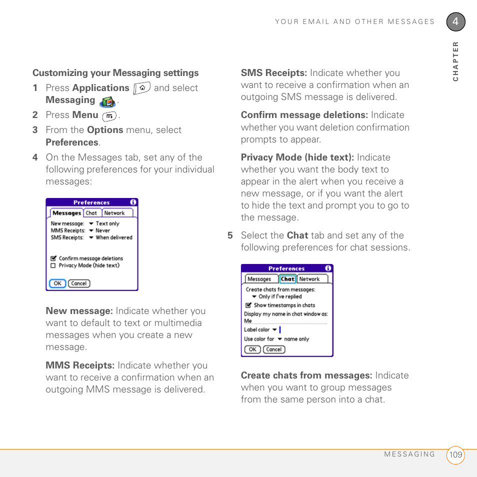 Customizing your messaging settings | Palm 755P User Manual | Page 109 / 304