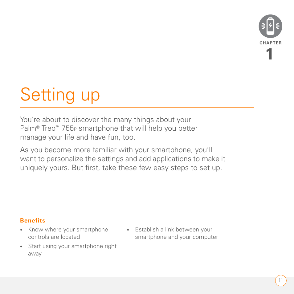 Setting up, Chapter 1: setting up | Palm 755P User Manual | Page 11 / 304