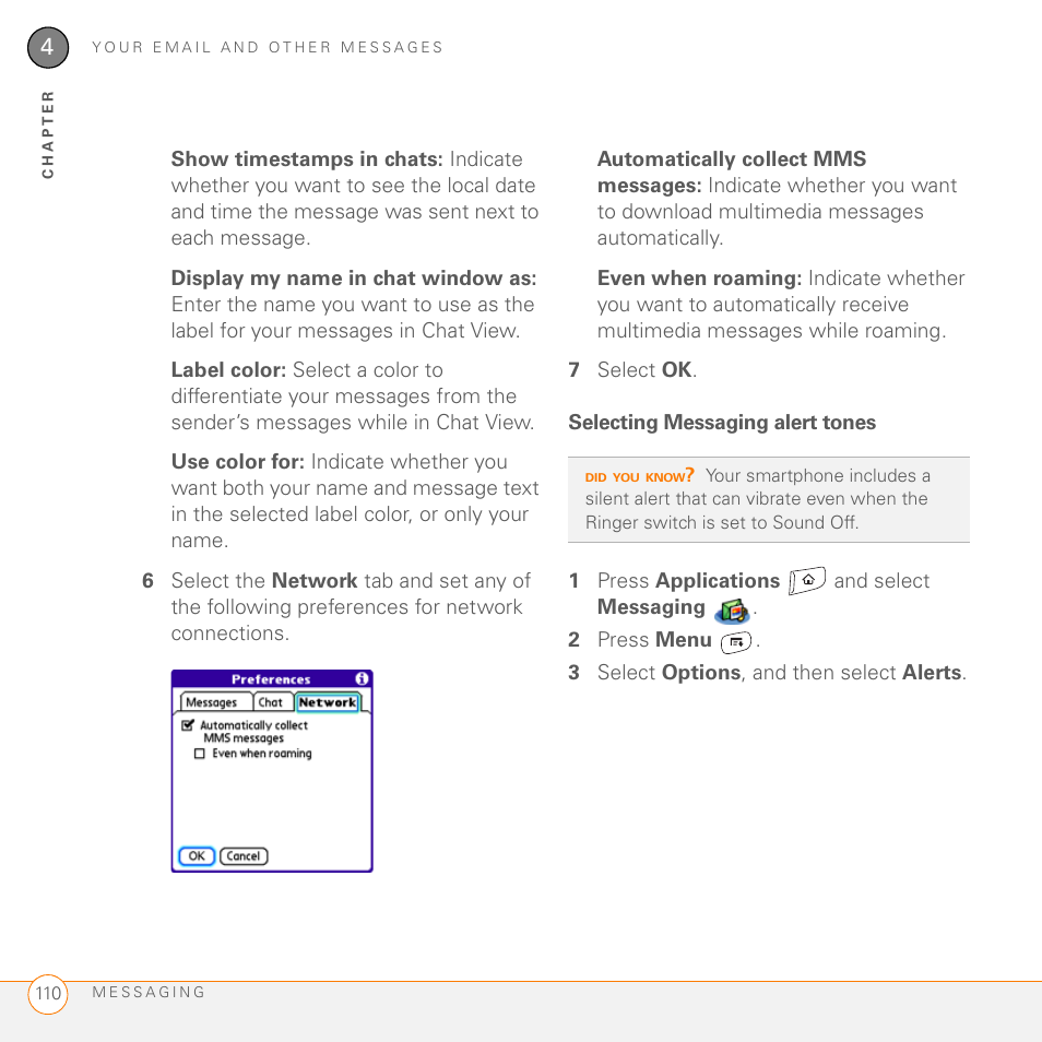 Selecting messaging alert tones | Palm 755P User Manual | Page 110 / 304