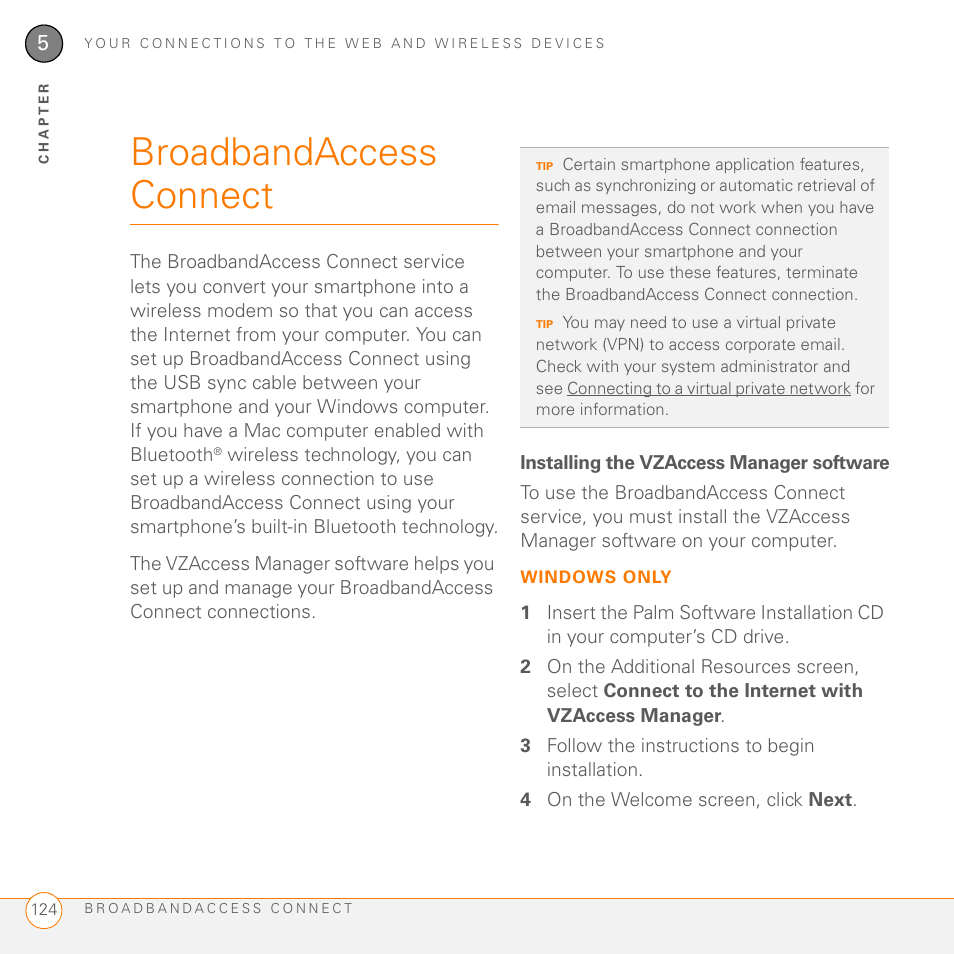 Broadbandaccess connect, Installing the vzaccess manager software | Palm 755P User Manual | Page 124 / 304
