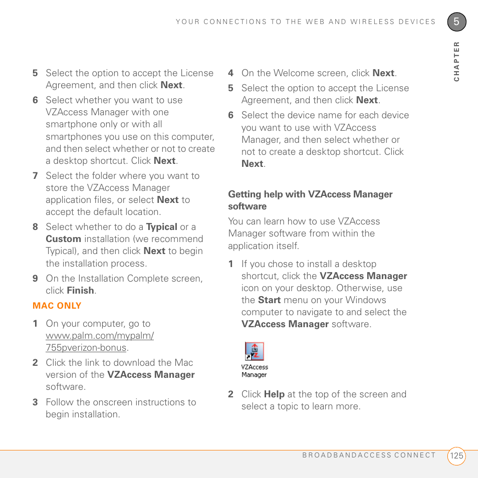 Getting help with vzaccess manager software | Palm 755P User Manual | Page 125 / 304
