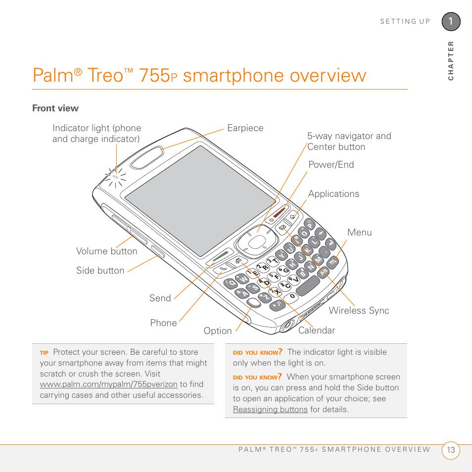 Palm® treo™ 755p smartphone overview, Front view, Palm | Treo, Smartphone overview | Palm 755P User Manual | Page 13 / 304