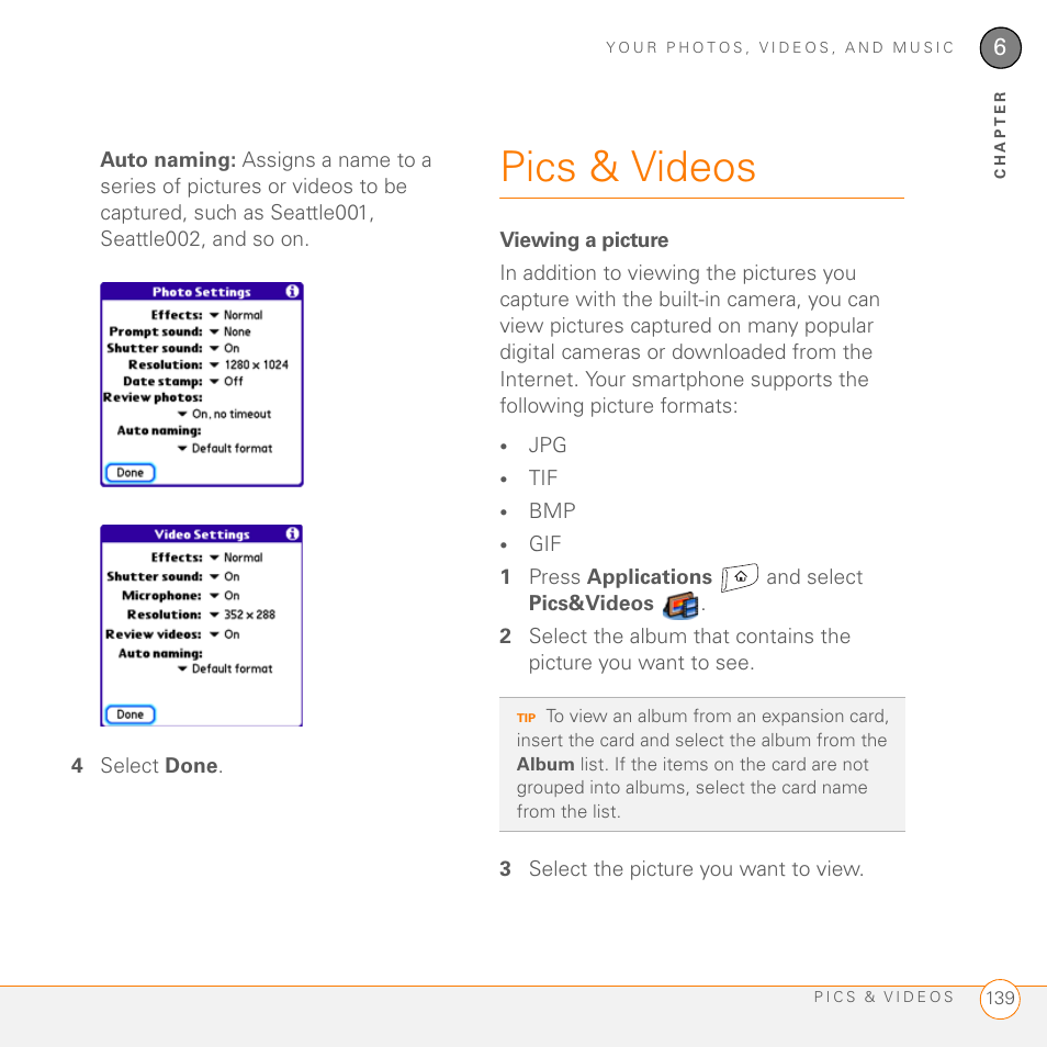 Pics & videos, Viewing a picture | Palm 755P User Manual | Page 139 / 304