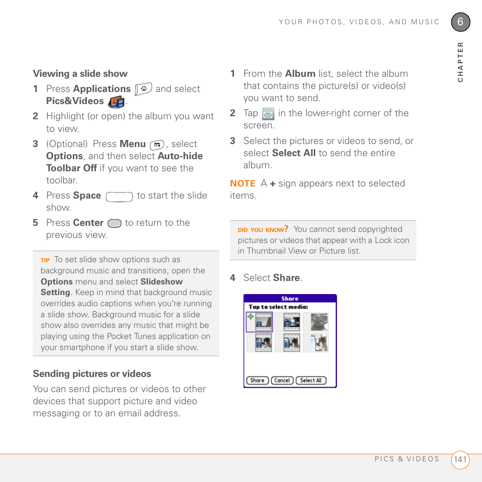 Viewing a slide show, Sending pictures or videos | Palm 755P User Manual | Page 141 / 304