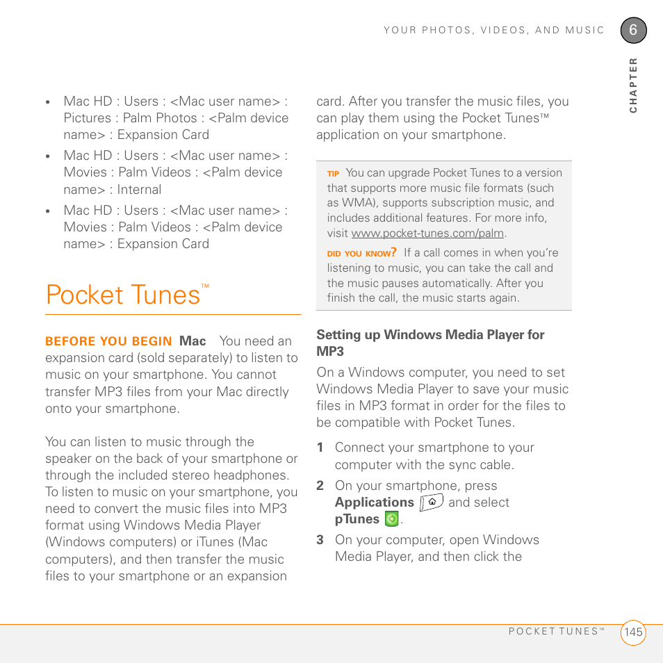 Pocket tunes, Setting up windows media player for mp3 | Palm 755P User Manual | Page 145 / 304