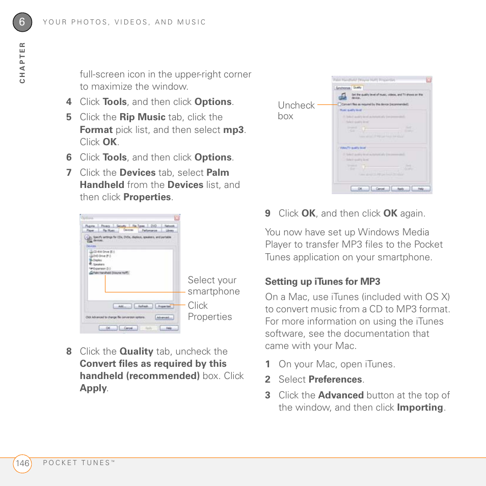 Setting up itunes for mp3 | Palm 755P User Manual | Page 146 / 304