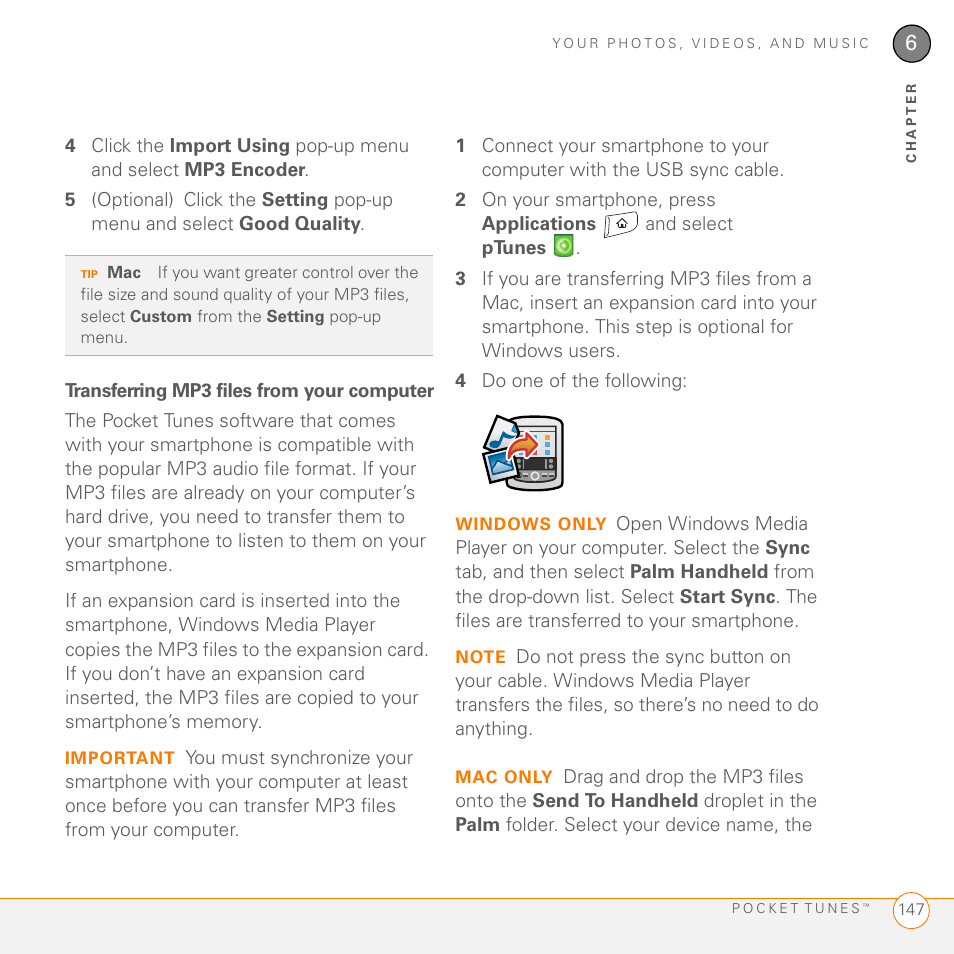 Transferring mp3 files from your computer | Palm 755P User Manual | Page 147 / 304